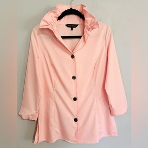 Ming Wang Pastel Pink Ruffle Collar Tunic Top S Stretch Button Front Chic Luxury